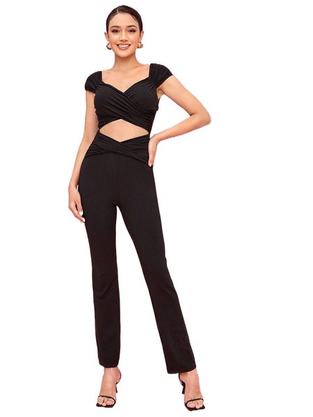 

x kys ruched cross wrap cutout jumpsuit m8ck#, Black;white