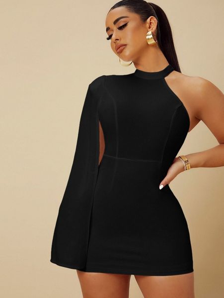 

sxy asymmetrical neck slit sleeve bodycon dress k01j#, Black;gray