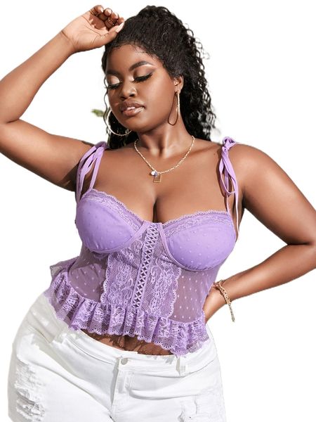 

plus knot shoulder ruffle hem sheer lace cami p8iq#, Black