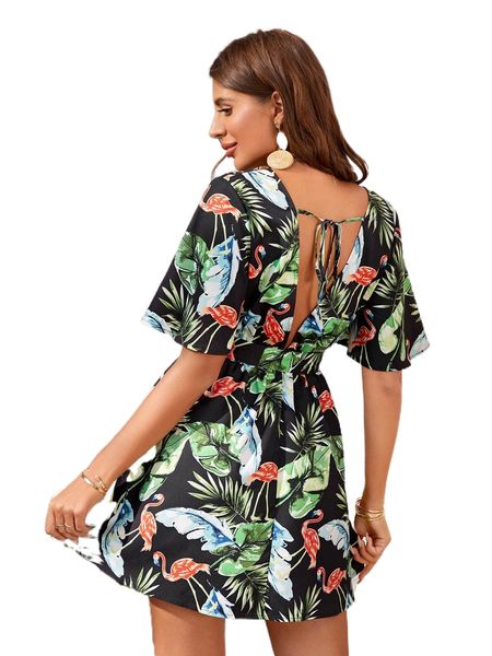 

1pc tropical print butterfly sleeve tie back belted dress a2wg#, Black;gray