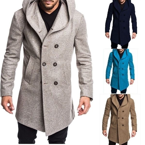 Miscele di lana ZOGAA primavera autunno uomo caldo cappotto con cappuccio casual doppio petto casual sottile cappotti solidi uomo lungo trench coat LJ201110