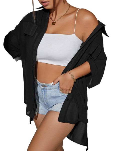 

plus flap detail drop shoulder high low chiffon shirt f9lg#, Black