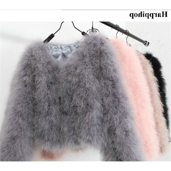 

13 colors fashion ostrich wool turkey fur women coat feather short plus size jacket winter festival long sleeve t200507, Black