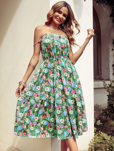 

allover floral print ruffle hem cami dress k7pg#, Black;gray