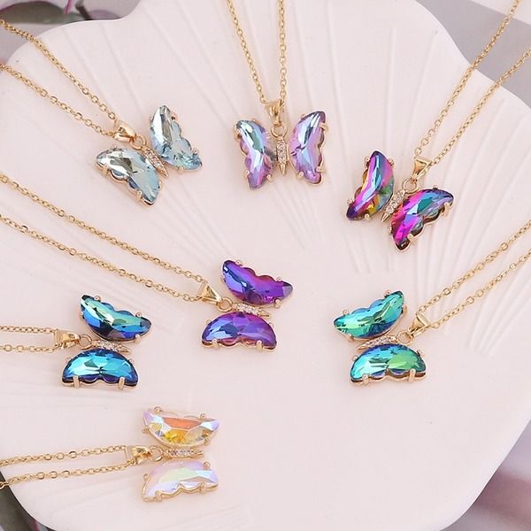 Mehrfarbige Glas-Schmetterlings-Halskette mit Farbverlauf, Goldketten, Halsketten für Frauen, Geschenk, Modeschmuck, Will und Sand