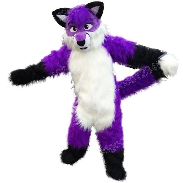 Performance Purple Long Hair Husky Fox Dog Costumi mascotte Halloween Fancy Party Dress Personaggio dei cartoni animati Carnevale Natale Pubblicità Costume da festa di compleanno