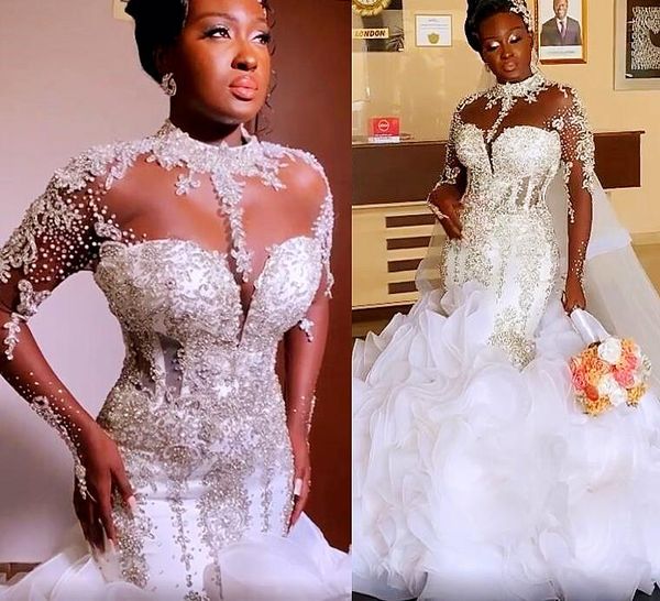 Arapça aso ebi lüks boncuklu kristaller gelinlik şeffaf boynu organze katmanları bağcıklı Afrikalı Siyah Kız Denizkızı Gelin Gowns Elbiseler