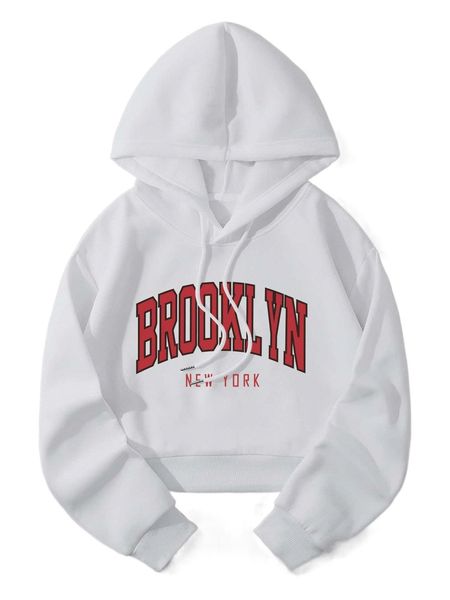 

letter graphic thermal lined drawstring crop hoodie t128#, Black