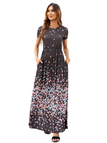 

dearcase butterfly print hidden pocket maxi dress j2lf#, Black;gray