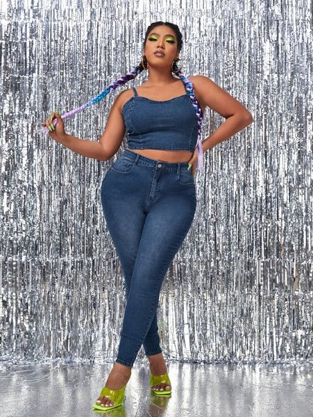 

plus zip back denim cami and jeans a9uk#, White