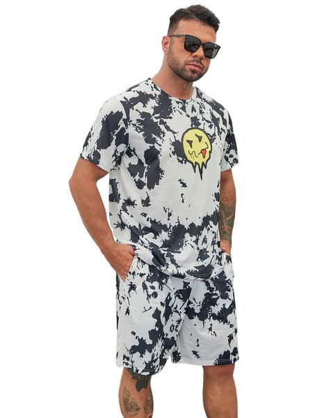 

extended sizes men tie dye cartoon graphic tee & drawstring waist shorts 61ys#, Gray