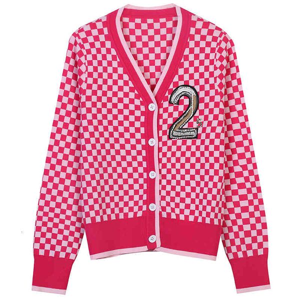 

women's sweaters 2022 early spring checkerboard digital embroidery sweet college style slim fitting v-neck long sleeve knitted cardigan, White;black