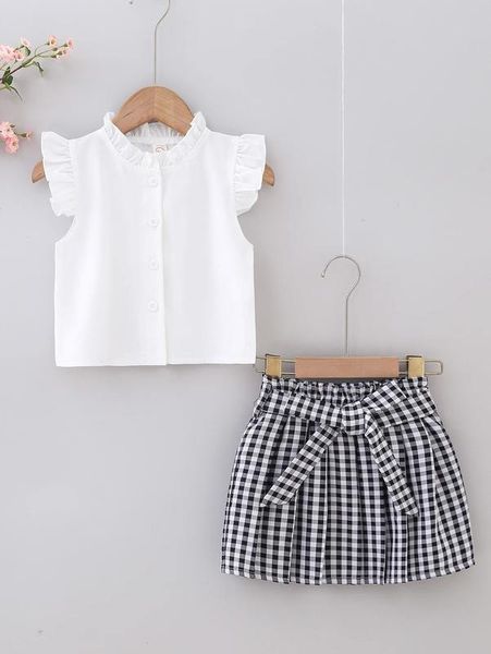 

toddler girls frill neck ruffle trim & gingham paperbag waist belted skirt she, White