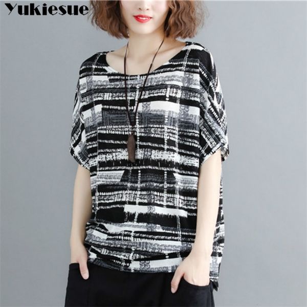 

plus size women blouse shirt batwing sleeve summer feminine blouses print black striped blouse women shirt blusas 210412, White