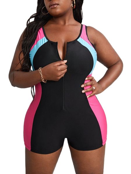 

plus colorblock zip up one piece swimsuit b1p8#, White;black