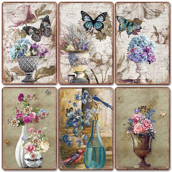 

vintage colorful flowers poster metal signs sunflower daisy butterfly metal tin plate for living room home wall art decor