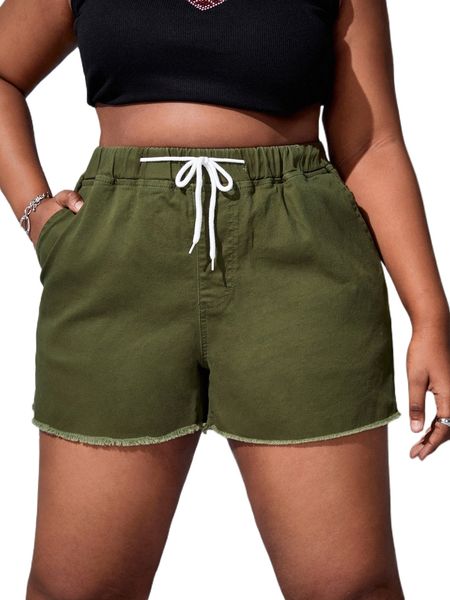 

sxy plus raw hem drawstring waist slant pocket denim shorts e8ko#, White;black
