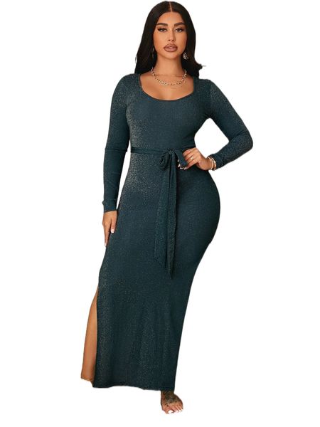 

split thigh belted dress 022r#, Black;gray