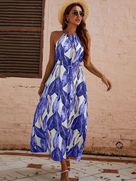 

tropical print tie front halter dress p7qe#, Black;gray