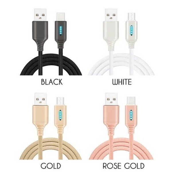 1m Smart Power Off 2.4A Cabo de dados de carregamento para Samsung iPhone Huawei Auto-Off Protection Cord com LED para micro USB tipo C