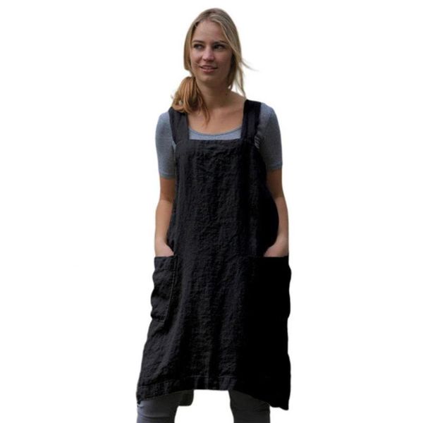

casual dresses women cotton linen apron sleeveless home cooking cleaning cover florist dress female, Black;gray