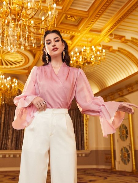 

surplice neck flounce sleeve satin blouse v0bc#, White