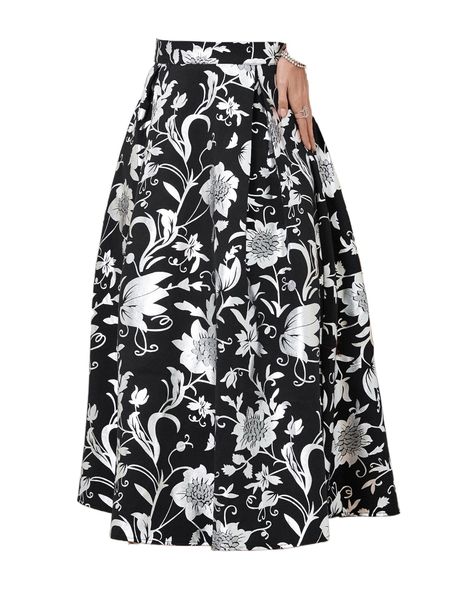

high waist floral print fold pleated detail skirt j4he#, Black