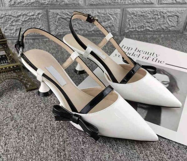 

2022 spring and summer m patent leather pointed bow high heels hollow out color matching sandals cat and fairy, Black
