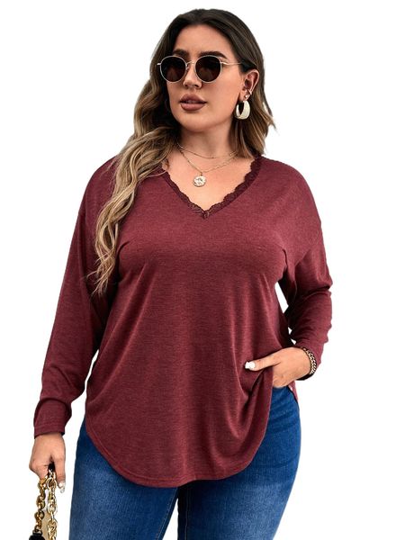 

plus solid v neck lace trim tee t1la#, Black