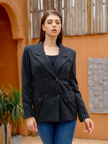 

unique21 pinstripe flap detail double breasted blazer y7ph#, White