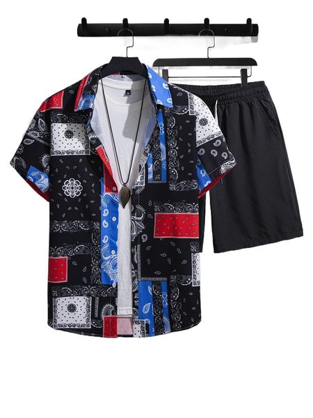 

men random patchwork print shirt & drawstring waist shorts without tee p1jb#, Gray