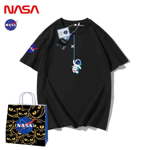 

nasa co branded astronaut loose casual summer new half sleeve pure cotton couple t-shirt short men, White;black