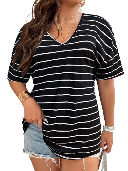 

plus striped drop shoulder tee v1q8#, Black