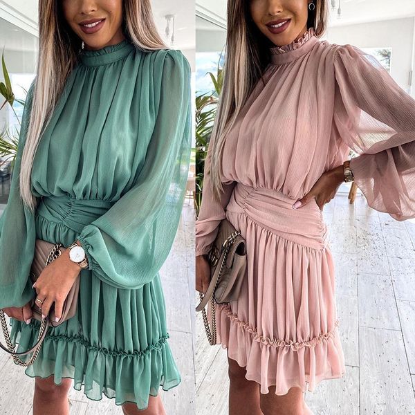 

plus size dresses lantern sleeve ruffle hem belted dress t145#, Black