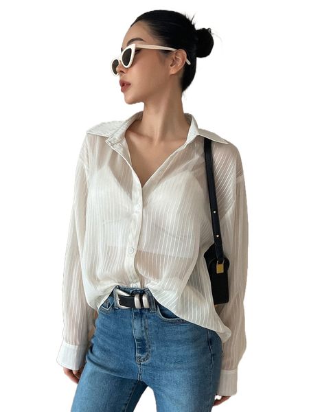 

dazy striped drop shoulder sheer blouse without tank i6sz#, White