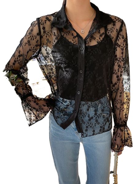 

dazy contrast lace button front blouse without cami z5cs#, White