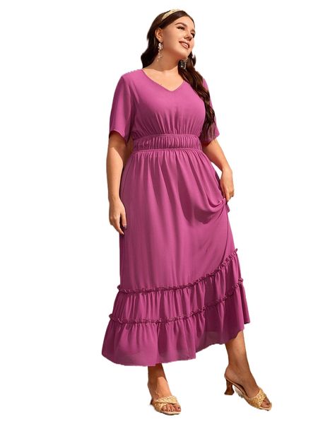 

plus solid frill trim dress s1an#, Black