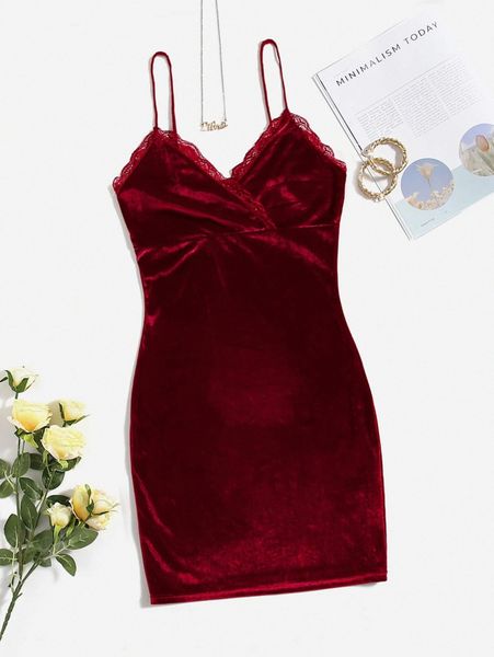 

lace trim velvet cami dress h06h#, Black;gray