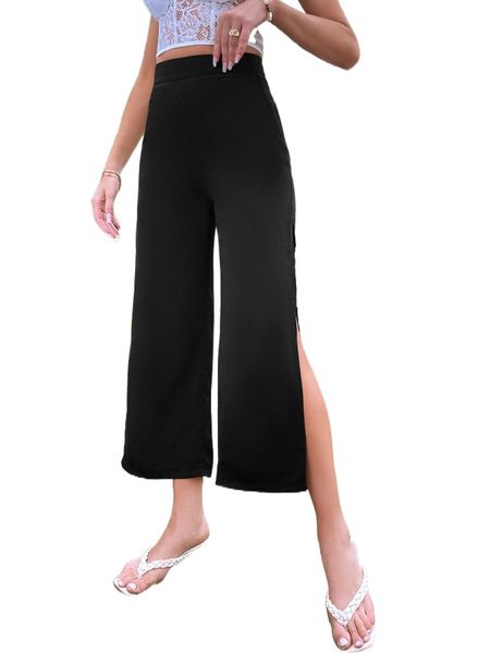 

solid high waist split thigh pants x3ha#, Black;white