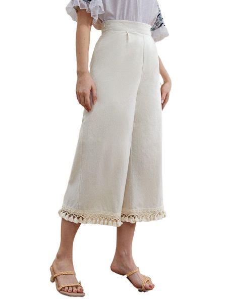 

fringe trim wide leg pants e4sp#, Black;white