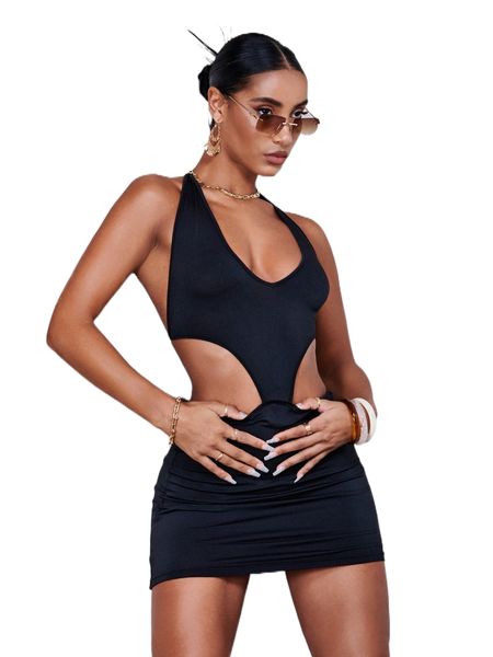 

tie backless halter bodycon dress e9yw#, Black;gray