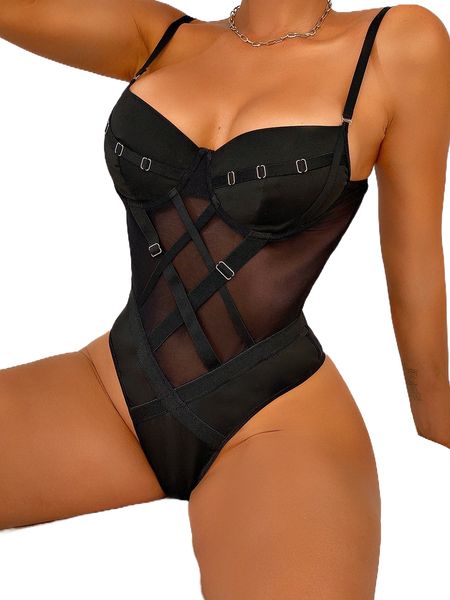 

buckle detail mesh underwire teddy bodysuit p9io#, Black;red