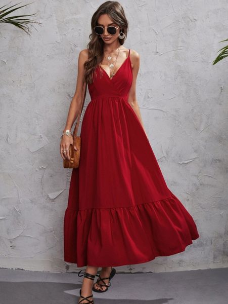 

surplice neck ruffle hem cami dress 76wa#, Black;gray