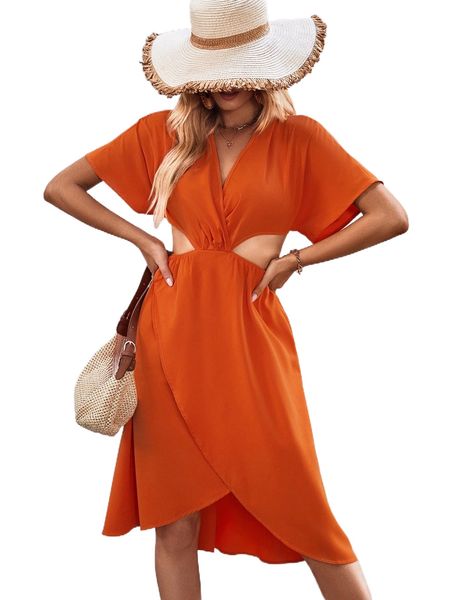 

batwing sleeve cut out wrap hem dress a5hz#, Black;gray