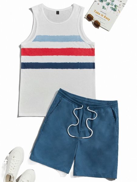 

men striped panel tank & drawstring waist shorts x25d#, Gray