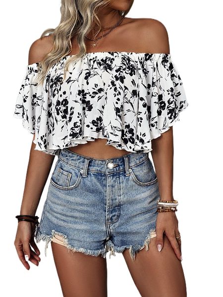 

floral print off shoulder flowy crop blouse g9u0#, White