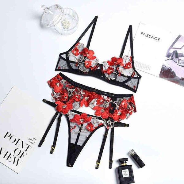 

nxy set new flower embroidery women' lingerie underwire bra thin transparent underwear thong garter belt three piece 0216, Red;black