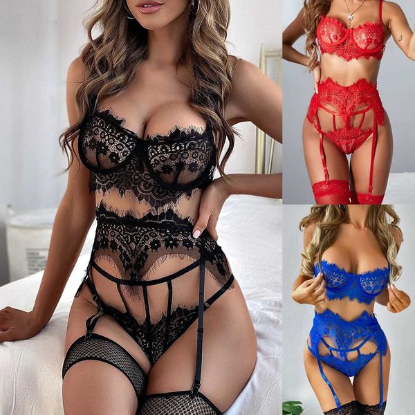 

underwear 2021 new lace embroidery female perspective underwear steel ring three piece set, Black;white