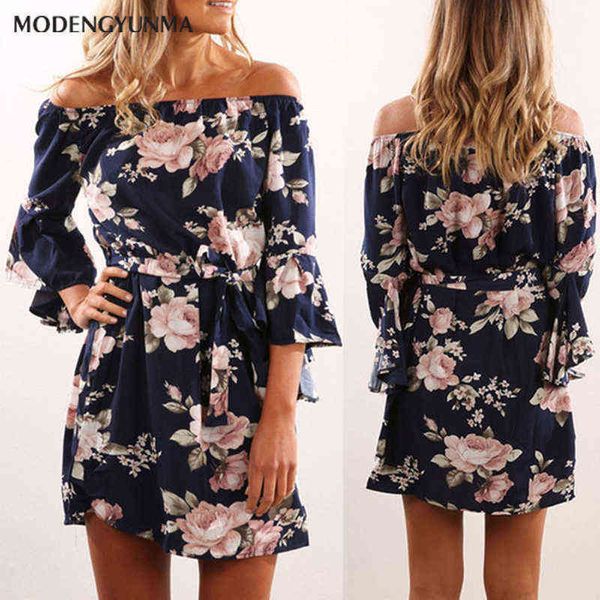 

women dress 2021 summer casual off shoulder floral print chiffon dress boho style short party beach dresses vestidos de fiesta g220309, White
