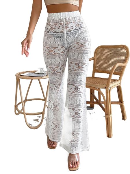 

solid high waist flare leg lace pants without panty q0nz#, Black;white